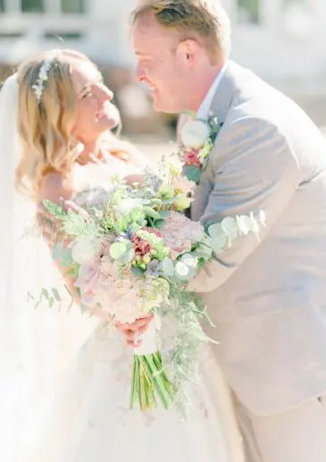 rose, peony and hydrangea wild wedding bouquet. Photography by Sarah Jane Ethan